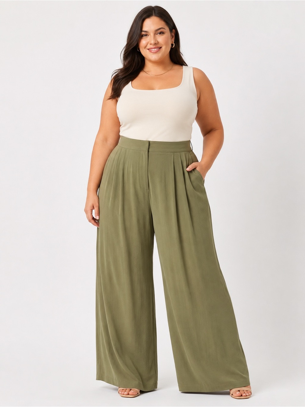 Cider Plus Size Olive Green High Waist Pleated Wide Leg Pants WC11-40